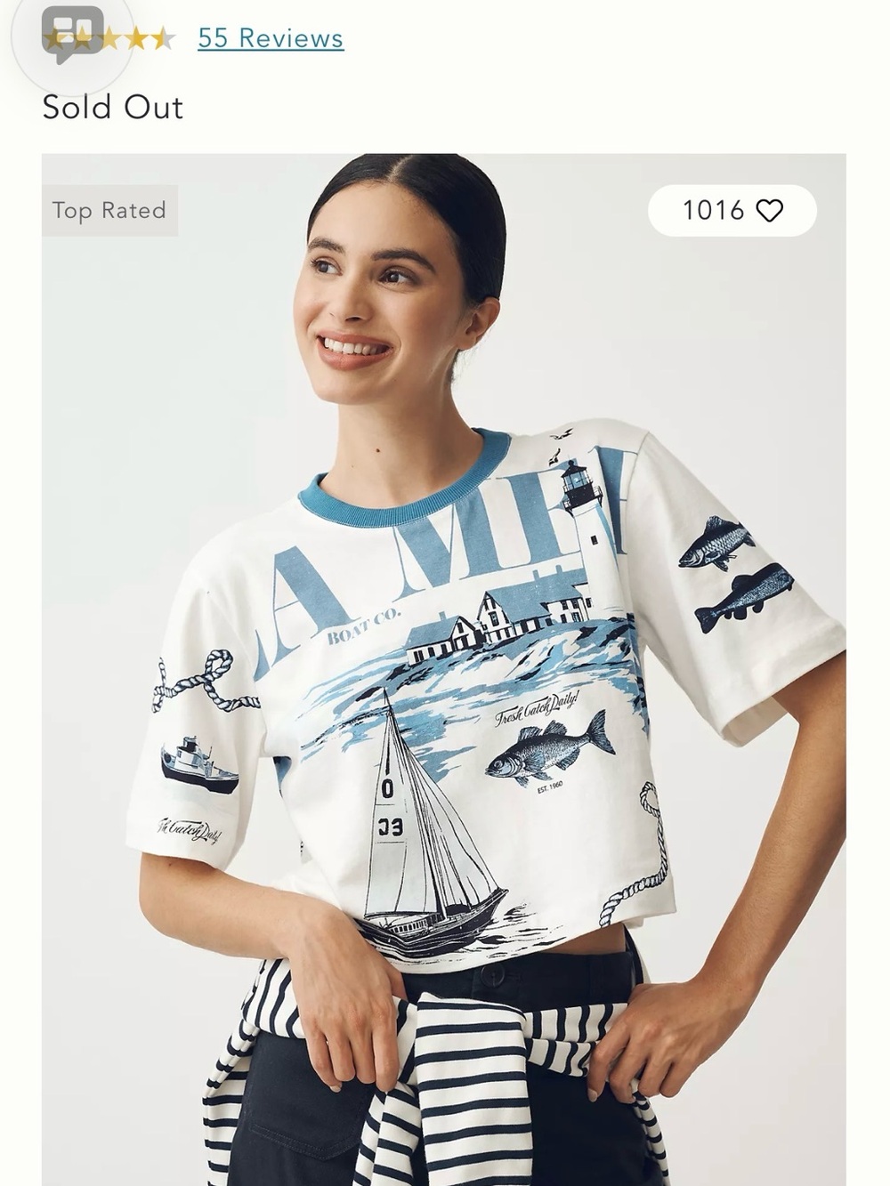Maeve for Anthropologie Corey Cotton Blue Nautical Graphic Crop Tee Medium - EUC